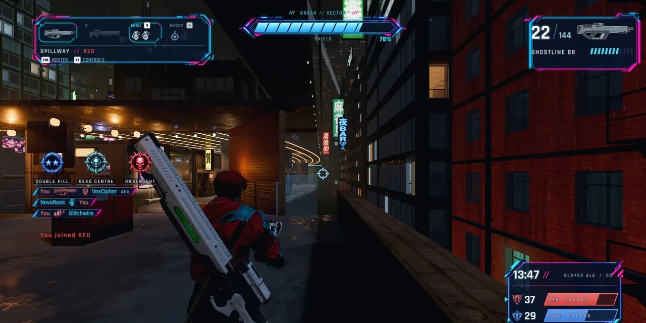Third-person firefight on SPILLWAY with the neon HUD, medals and kill feed