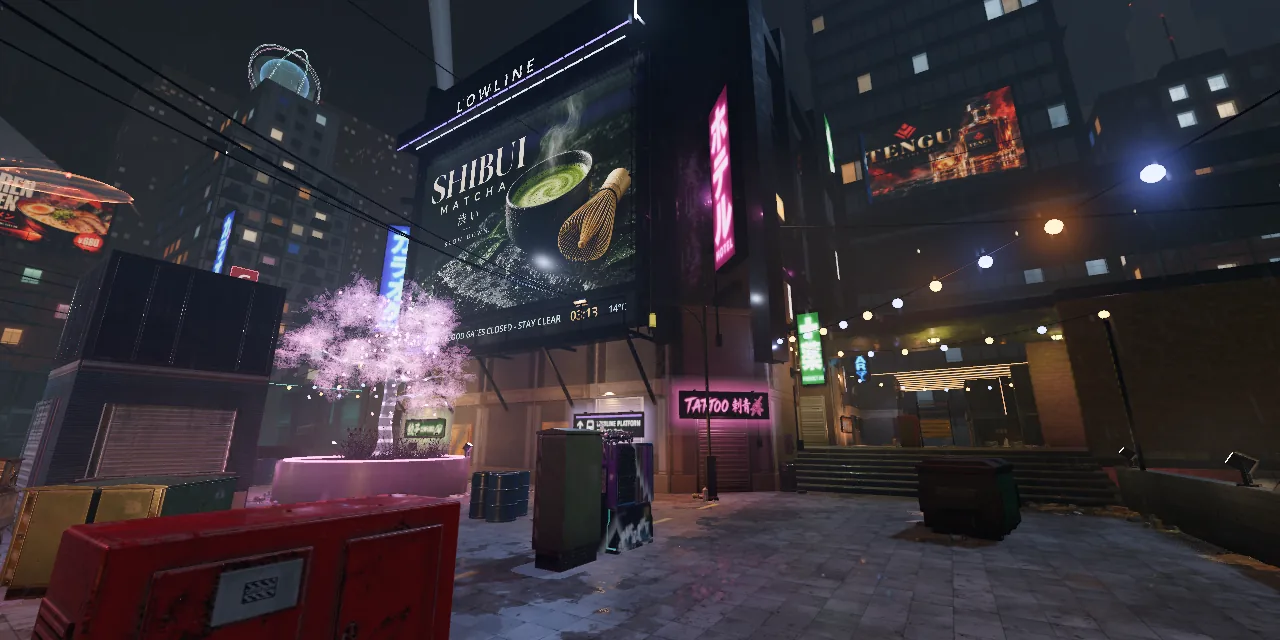The lantern row on SPILLWAY under a holo cherry tree and billboards